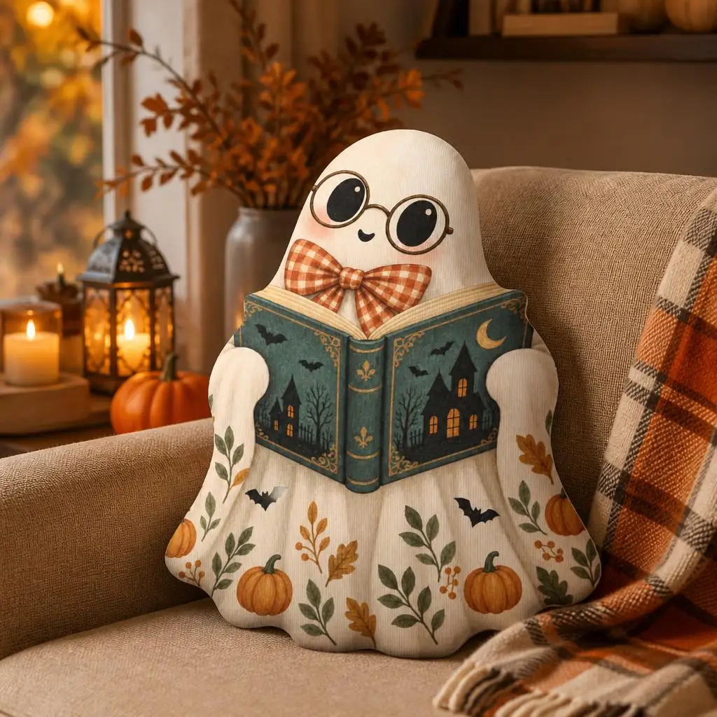 Halloween Reading Ghost Plush Pillow Bookish Cushion Shaped Stuffed Throw Pillow Autumn Home Decor Gift for Readers Sofa