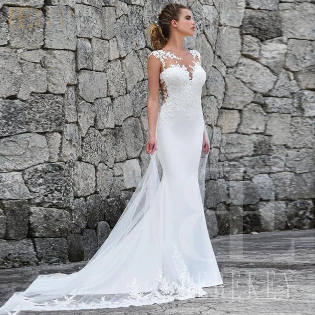 BEBEKEY Elegante abito da sposa in pizzo con applicazioni a doppia traccia Abito da cerimonia nuziale a sirena Abiti da sposa personalizzati Abiti formali