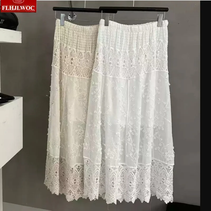 Cotton Hollow Out Crochet Long Skirts Cute Mori Girls Style Retro Vintage Beautiful Romantic Honeymoon Holiday Bohemian Skirt