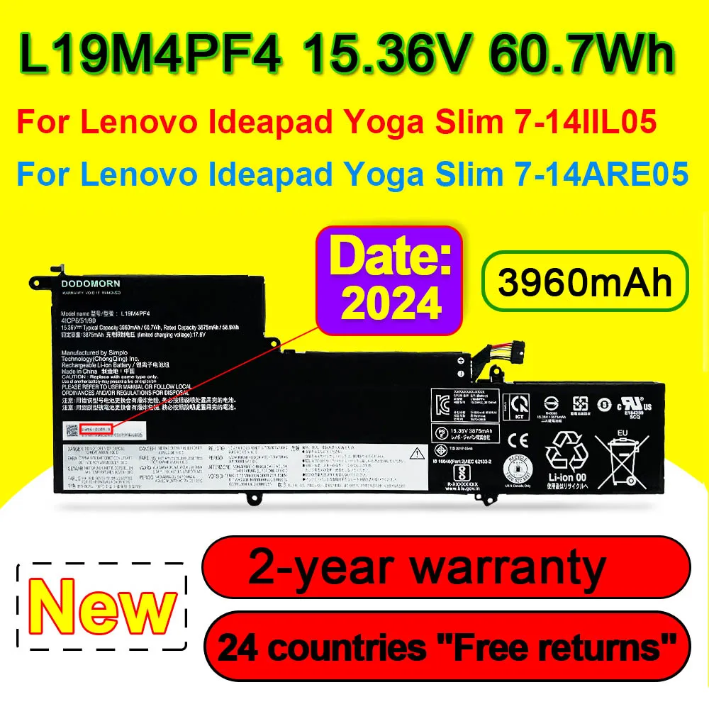 

For Lenovo Ideapad Yoga Slim 7-14IIL05 7-14ARE05 L19M4PF4 L19C4PF4 L19D4PF4 5B10W65297 Laptop Battery 3960mAh 15.36V 60.7Wh ﻿