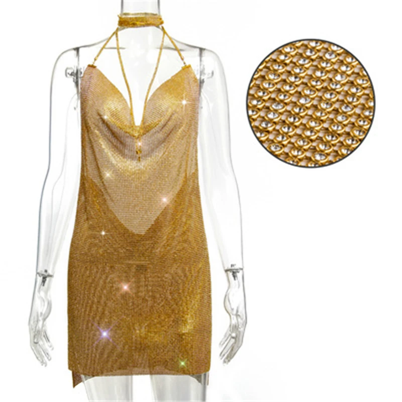 Damen Neckholder-Minikleid mit Strass-Netzstoff, Wasserfallausschnitt, Rückenfreies Bodycon-Kleid mit Schlitz, Kurzes Kleid für Nachtclub und Geburtstagsfeiern – Detail 10