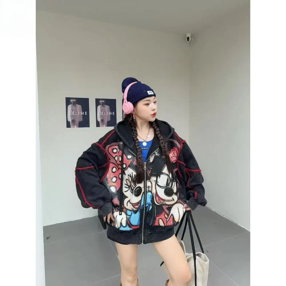 Outono nova chegada feminina jaqueta casual-resistente impresso padrão dos desenhos animados oversized versátil topo para uso diário/gravos de semana