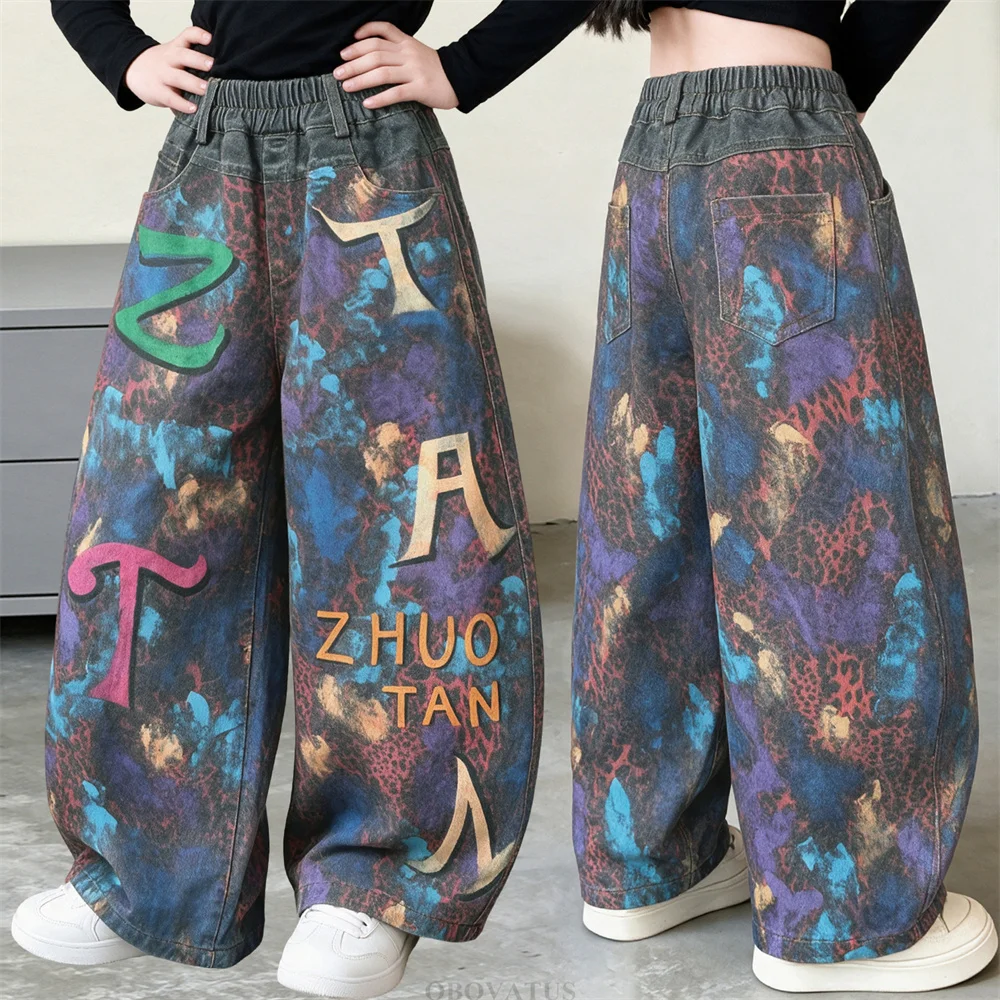 Kids Streetwear Hip-Hop 3D Letter Loose Jeans for Girls Fashion Retro New Trend Jeans Trousers Children Hiphop Denim Pants 5-14Y
