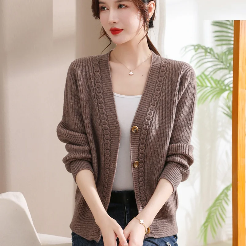 Suéter de malha de alta qualidade cardigan feminino outono 2025 sem pilling longo sve v-ne regular fino faion roupas femininas