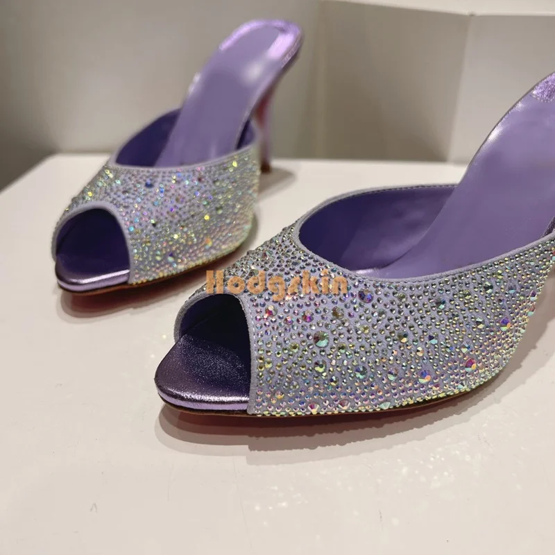 Sexy Crystal Purple Stilettos Slippers Rhinestones Shallow Peep Toe Thin Heel Pull On Sandals Women Luxury Fashion Shoes 2024