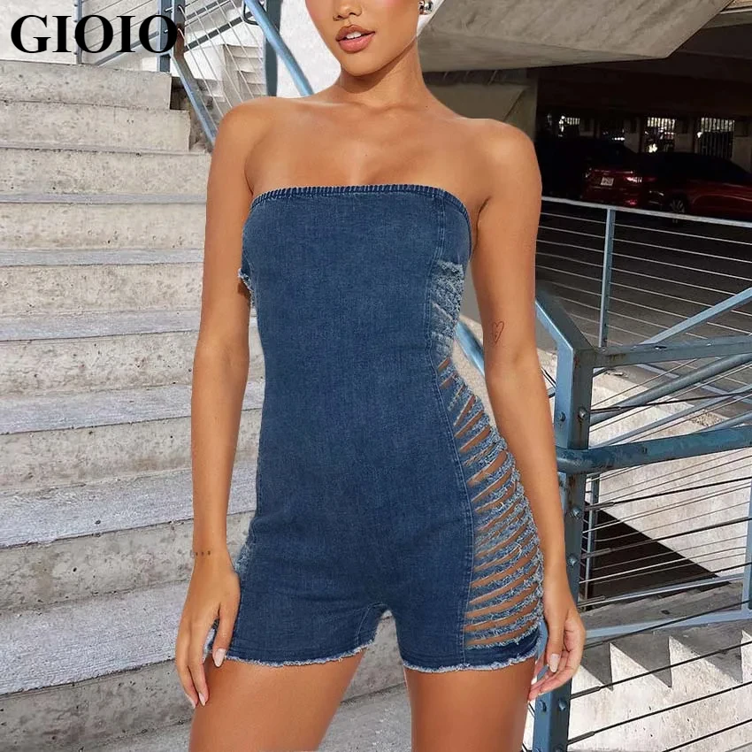 GIOIO ใหม่เซ็กซี่ Hollowed-OUT ripped Zipper หน้าอกยืด DENIM WASH jumpsuit