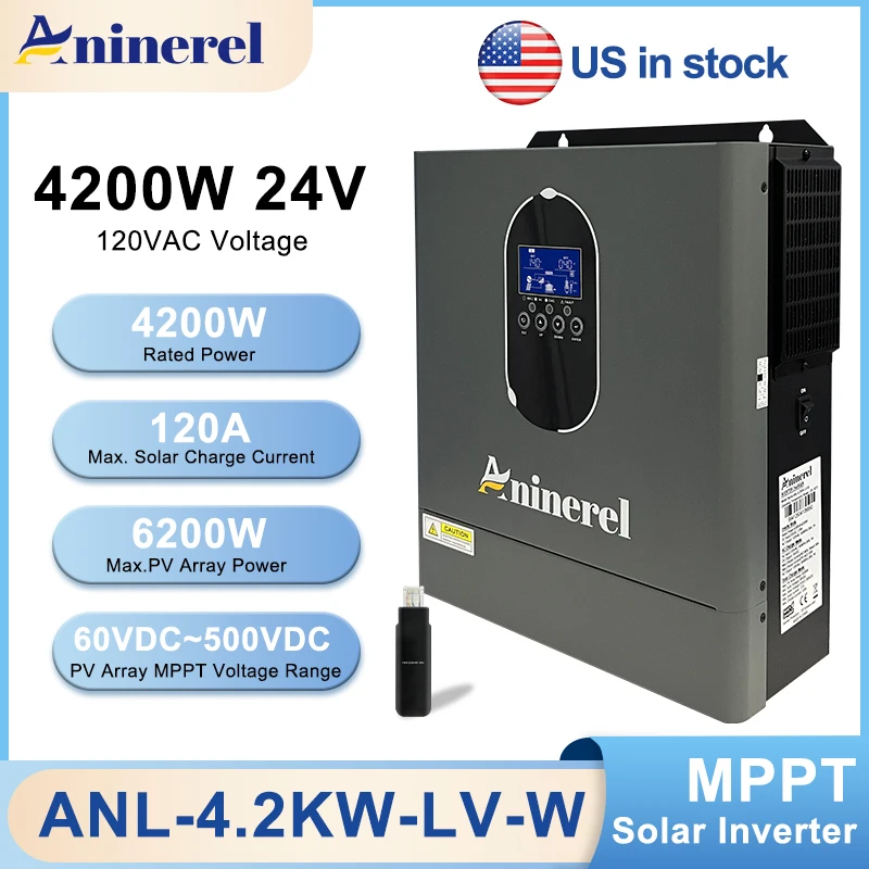 Aninerel 4200W 110V Hybrid Inverter Off Grid Pure Sine Wave solar Inverter 24V 120A PV Max 6200W 50Hz/60Hz for LCD Display