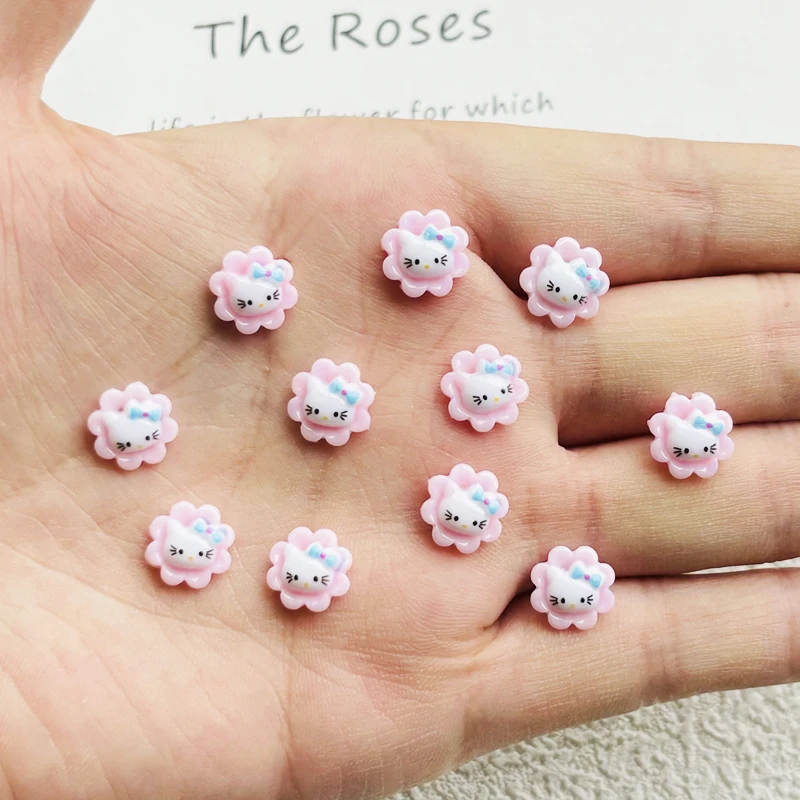 50Pcs New Hello kitty Lovely Mini Cartoon Pink flower kitten Resin Flat Back Scrapbook DIY Bow Decor Manicure Accessories Crafts