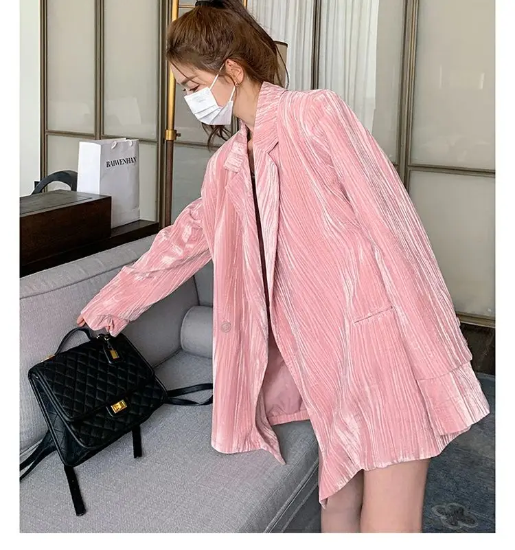 Blazer en velours rose haut de gamme pour femmes, nouveau Style coréen, ample, décontracté, mi-long, surdimensionné, vestes de costume, hauts pour femmes, printemps/automne