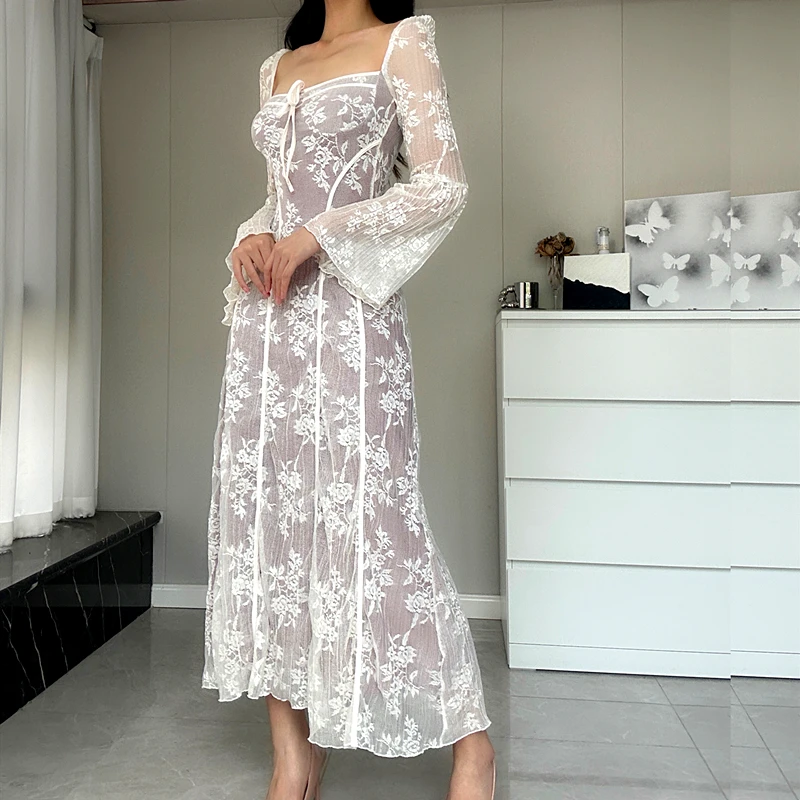 Xeemilo French Gentle Lace Patchwork Maxi Dress Elegant Pretty Square-neck Flare Sleeve Maxi Dresses 2023 Evening Party Vestidos