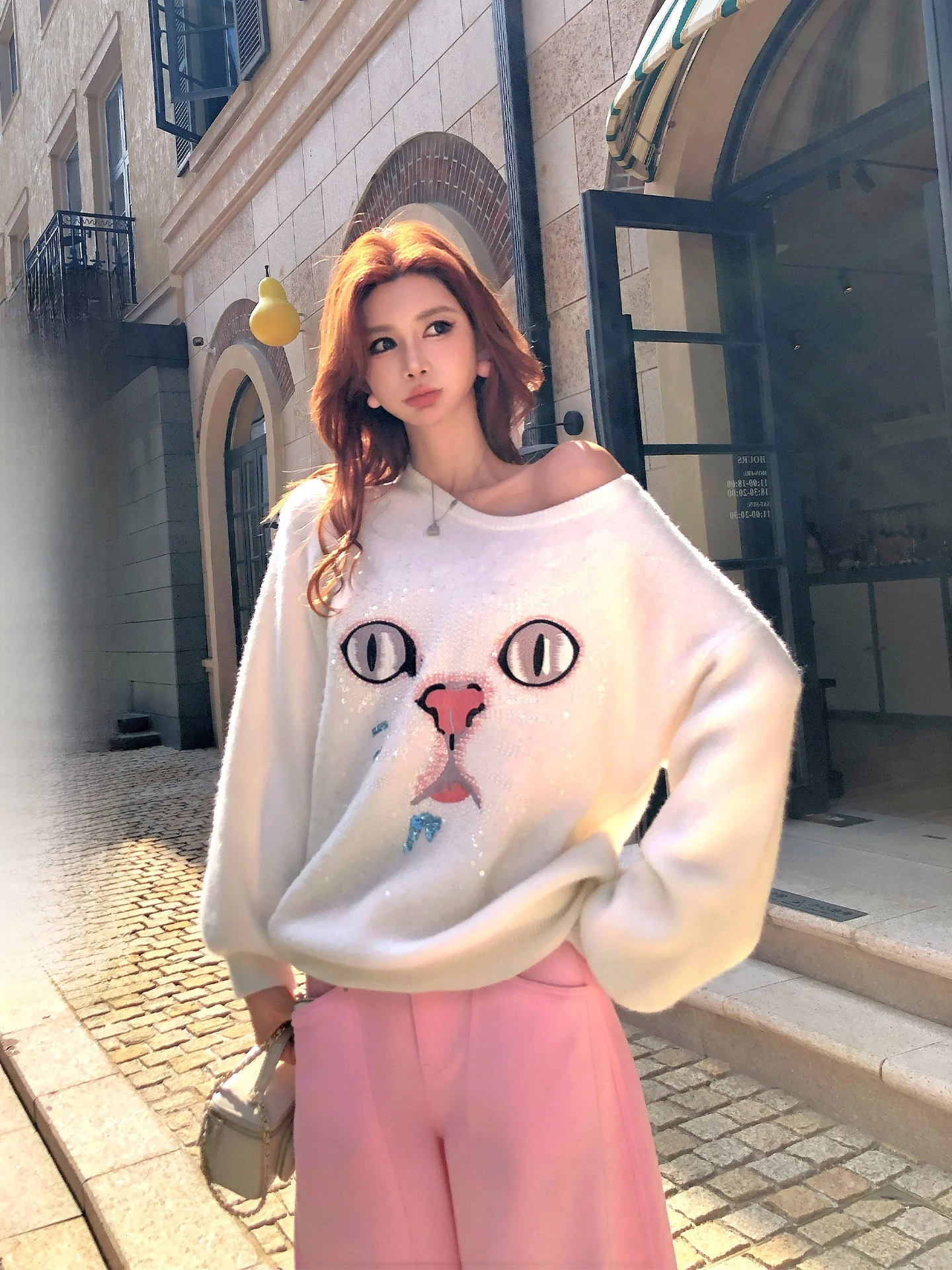

Ele Rabbit Fur Sweater with Embroidery Artistic Proc oulder Design Women's Early Spring Faion Cute Sle Loose Fit