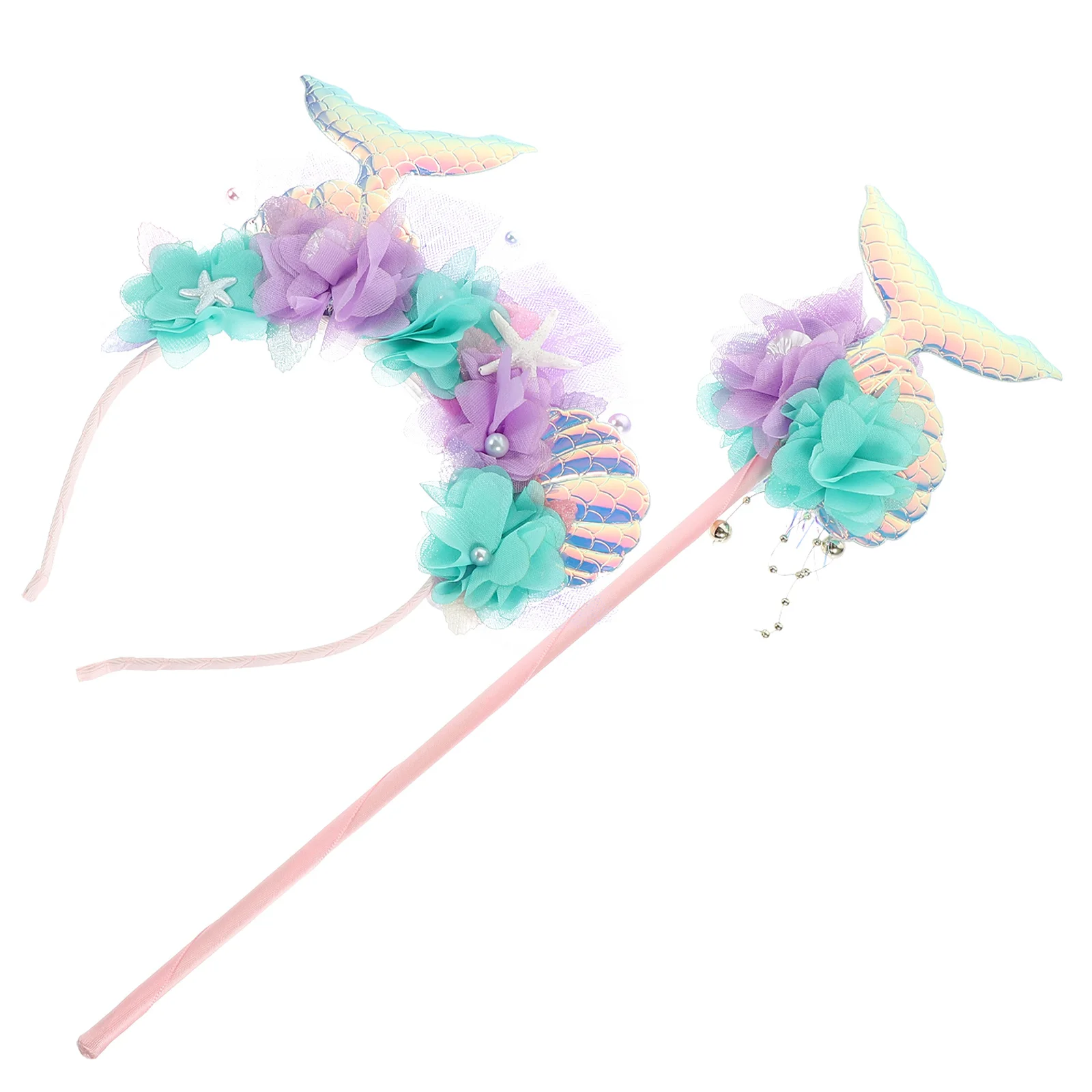 1 Set schickes Meerjungfrau-Kronen-Stirnband mit glitzerndem Schwanzmotiv, tragbarer Feenstab für Cosplay-Kostümpartys