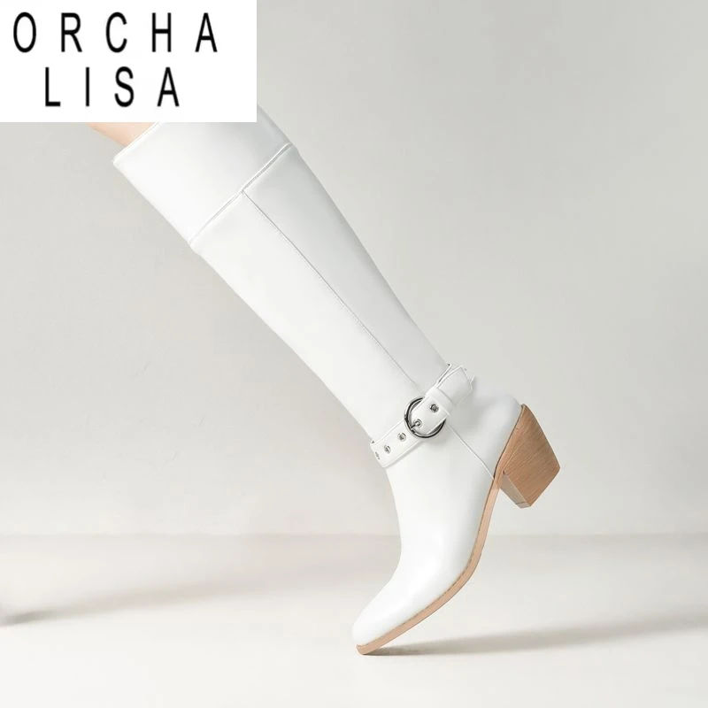 

ORCHA LISA Brand New Women Knee High Boots Round Toe Block Heels 6cm Slip On Belt Buckle Large Size 41 42 43 Vintage Riding Bota