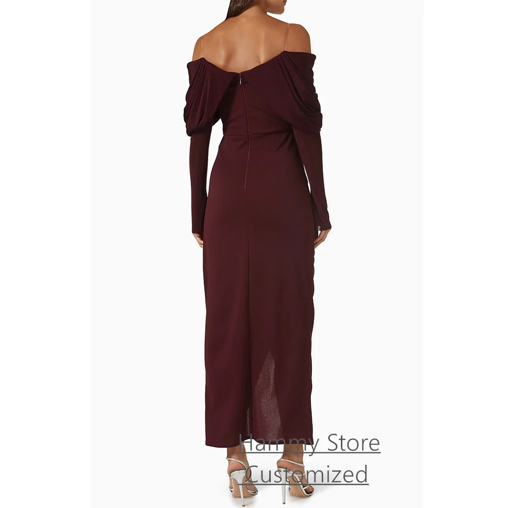 فستان سهرة عربي سعودي مخصص بدون أكتاف وأكمام طويلة مطوي كريستال شق غمد فستان حفلة كوكتيل فساتين حفلة موسيقية