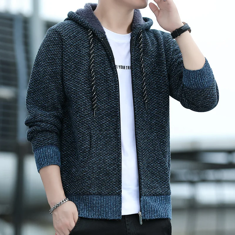 

Knitted Sweater for Young and Middle-aged Men Cardigan Jacket Plus Velvet Thickened Hooded Solid Color Sweater