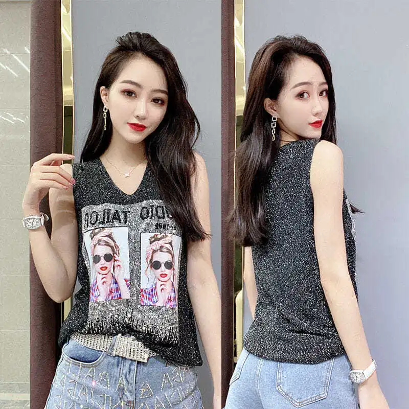 

2022 Summer Inlay Rhinestone knit Tank Top for Women Sleeveless Knit vest Top White Black Women's loose Camisole tops Black