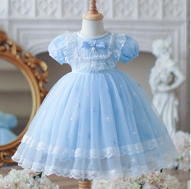 

Retail New Baby Summer Girls Boutique Blue Lace Mesh Dress, Princess Kids Sweet Fashion Party Dress 3-8T