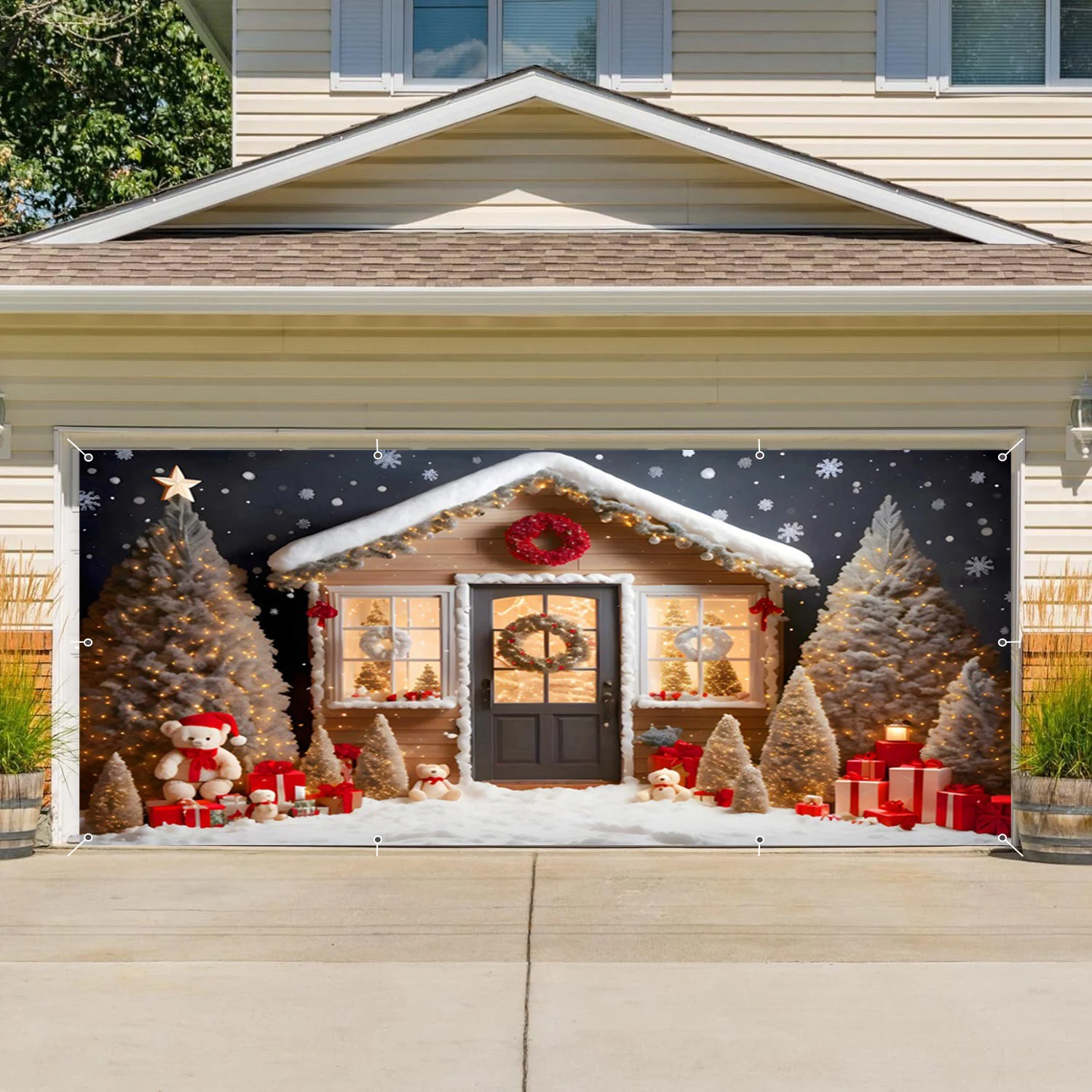 Winter Christmas Wooden Cabin Garage Wall Background Xmas Tree Gifts Garage Door Frame For Outdoor Home Courtyard Party Decor