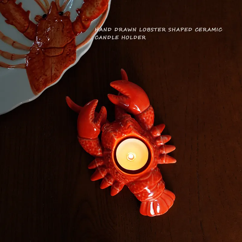 European Hand-painted Ceramics Lobster Candle Holder Ornaments Living Room Dining Table Candle Holder Handicraft Decoration