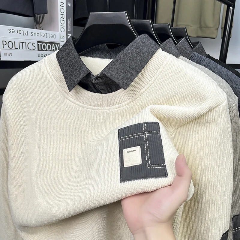 

Men's Fall/Winter Flannel Sweater with Collar Thickened and Insulated Fake Two-Piece Long Sleeve Shirt Trendy Brand Base Knitwea