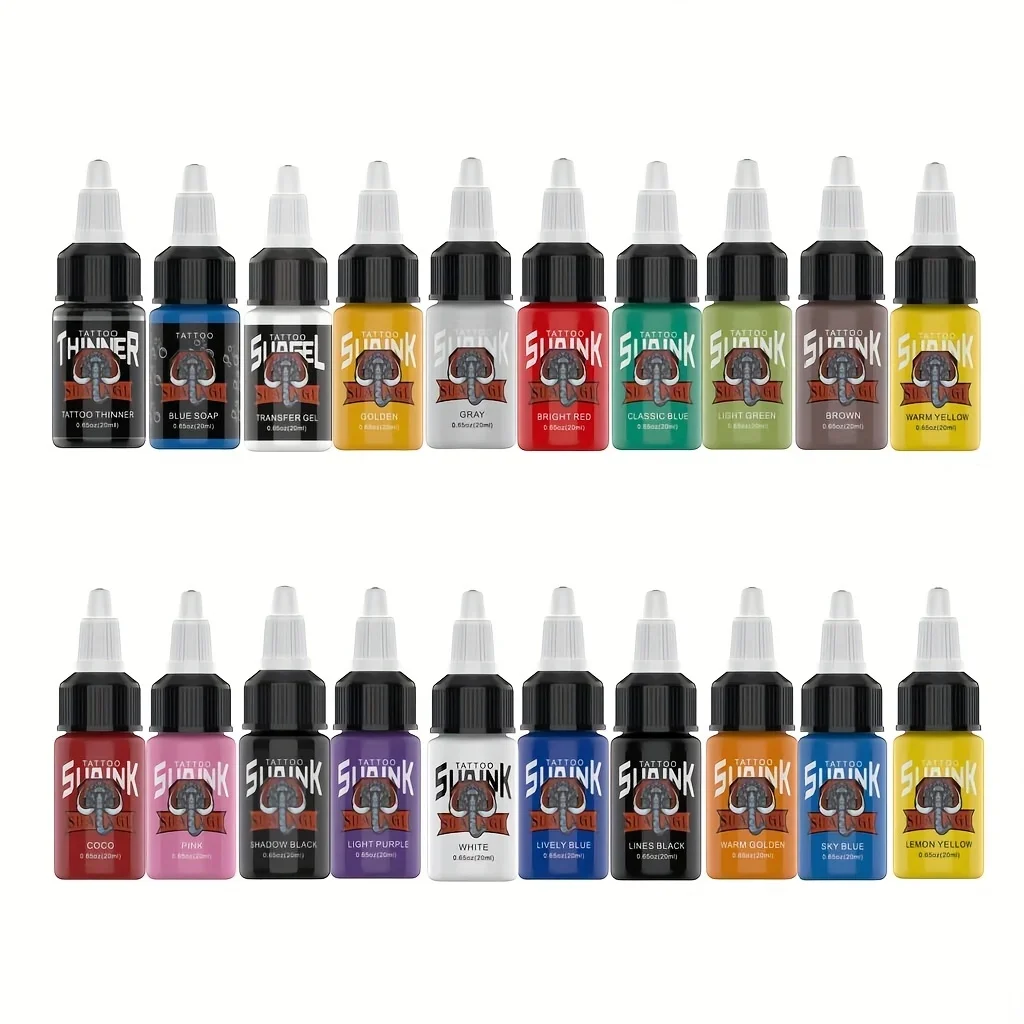 Set di inchiostri per tatuaggi da 20 colori - Bottiglie grandi da 20 ml (0,65 once), inchiostro professionale per body art per tutti gli stili di tatuaggi.