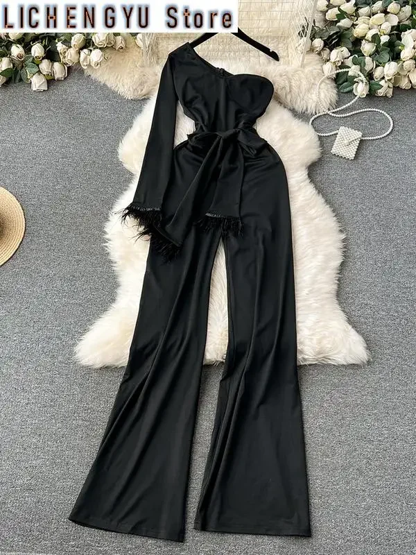 New elegant style chic jumpsuit women diagonal collar long-sleeve burr patchwork high waist jumpsuits winter spring