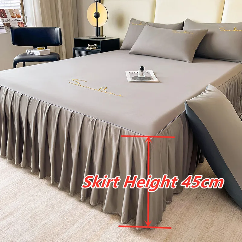 Bonenjoy Soft Bed Skirt Embroidered Bed Cover Plain Color Bedspread Queen Size Bed Linen 침대스커트 (Pillowcase Need Order)