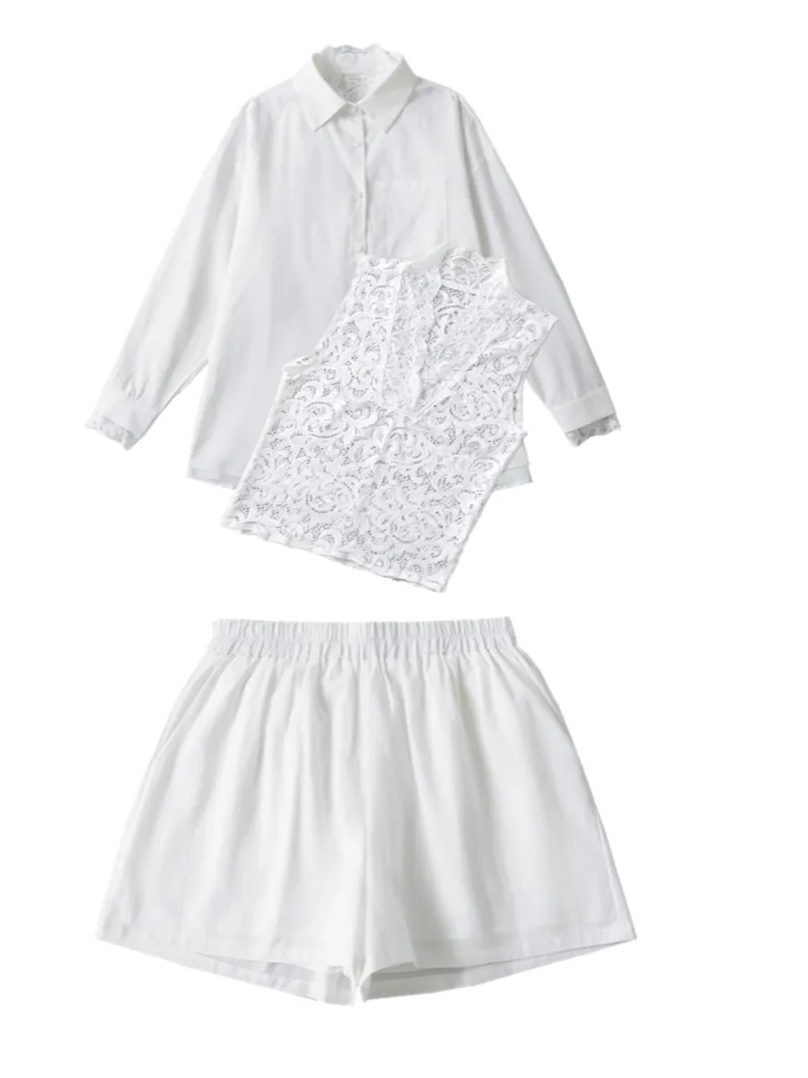 Cotton Linen Set with Lace Vest Loose irt Design  Collar Elastic Waist orts Faionable Women's Ensemble 2024 Autumn