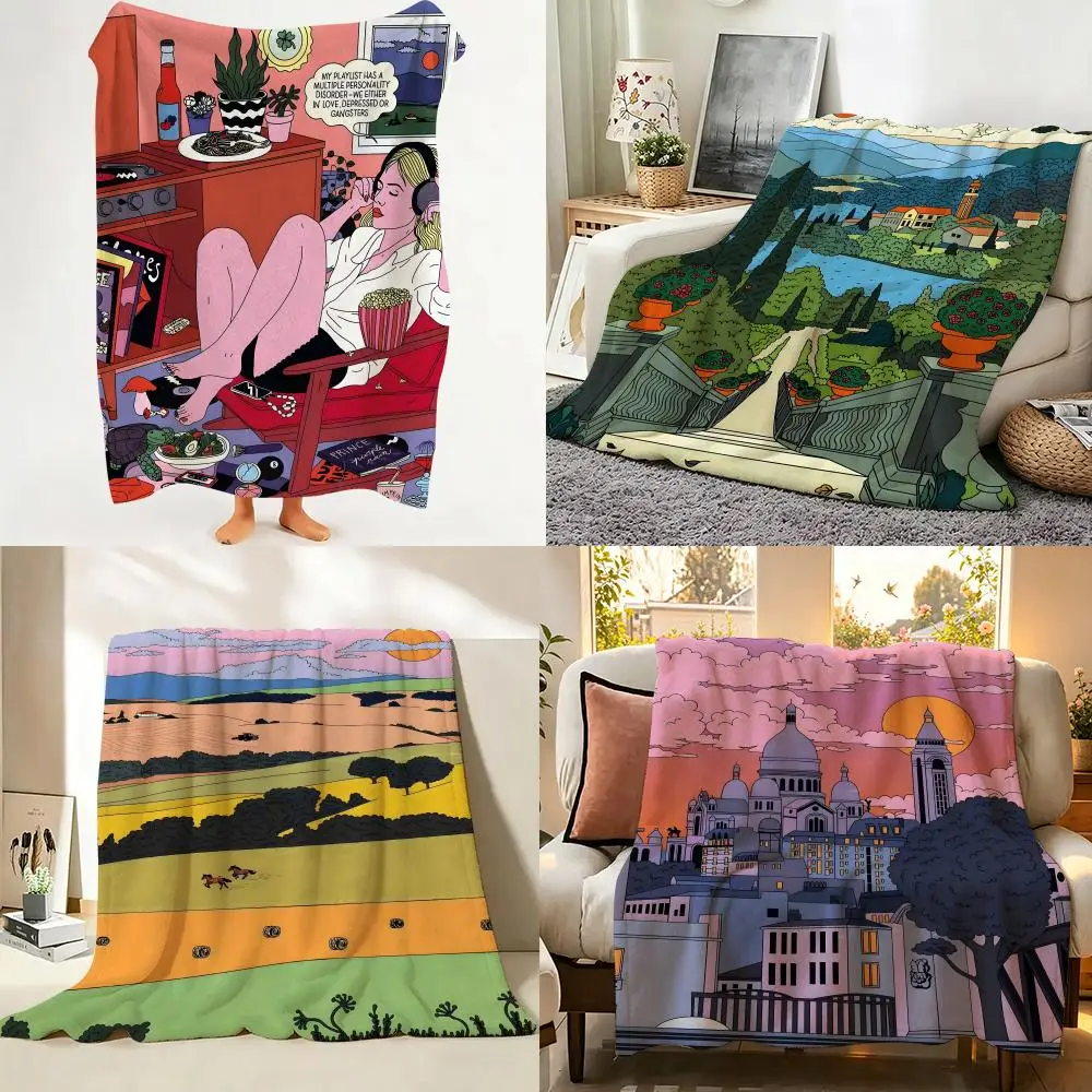 Illustrator C-Cosmo Danchin Hamard Throw Flannel Throw Blanket Suitable for Sofa、Living Room、Bedroom