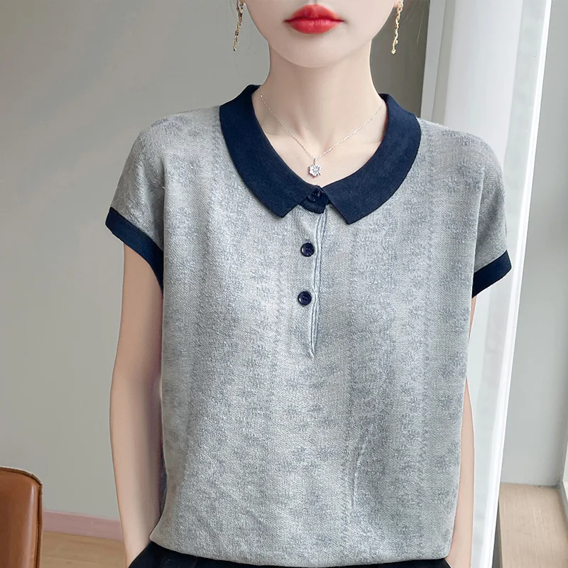 

Покупайте продавать 100, подлинный вязаный свитер из тонкой искусственной шерсти с воротником-поло и короткими рукавами, новая рубашка с низом, дышащий свободный топ