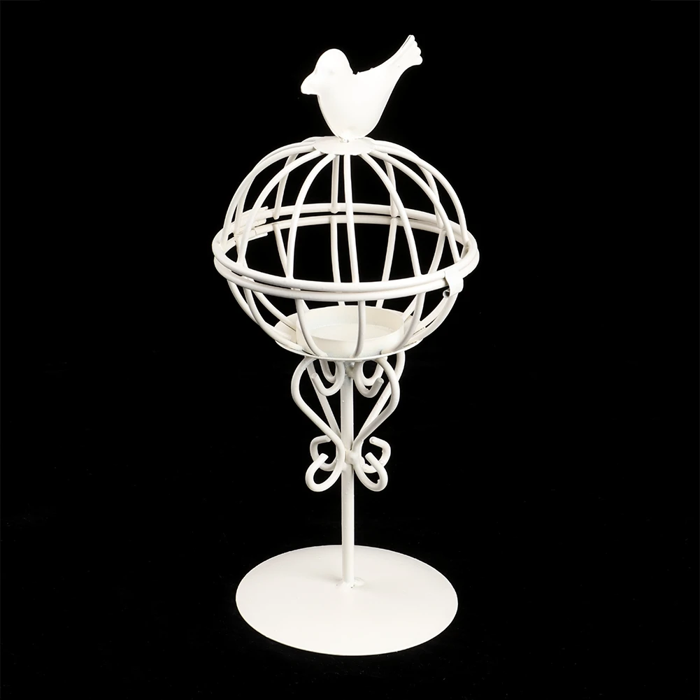 

Hollow Out Unique Bird Cage White Iron Art Candle Holder Creative Desktop Candlestick Ornament Home Room Decoration