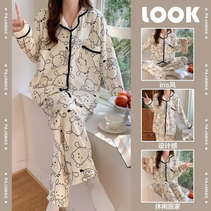 Miniso Girl Flannel Thickening Cardigan Winter Pajama Set Kawaii Pochacco Comic Leisure Time Keep Warm Go Out Leisure Wear New