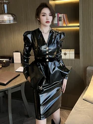 Fashion 2 Piece Set for Women 2023 Cool Elegant Black Spray Paint Leather Bubble Sleeve Ruffles Jackets Mini Skirt Office Outfit