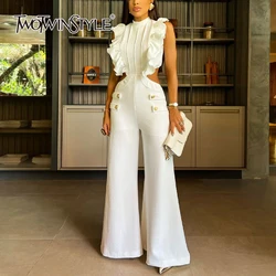 TWOTWINSTYLE Solid Elegant Spliced Ruffles Jumpsuit For Women Stand Collar Sleeveless Hollow Out Chic Jumpsuits Female KJU506376