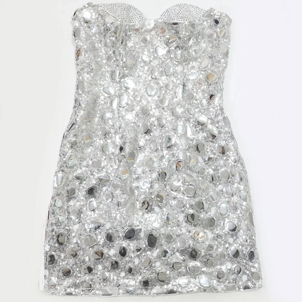 女性のセクシーなグリッタースパンコールバンドゥパーティードレスノースリーブバックレスラインストーンミニドレス