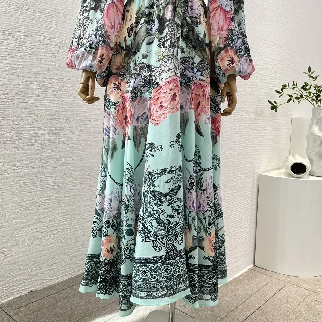 Women's Floral Print Long Sleeve Midi Dress Deep V Neck Diamonds Wrap Tie Cut Out Belly Elegant Fashion Summer Hoilday