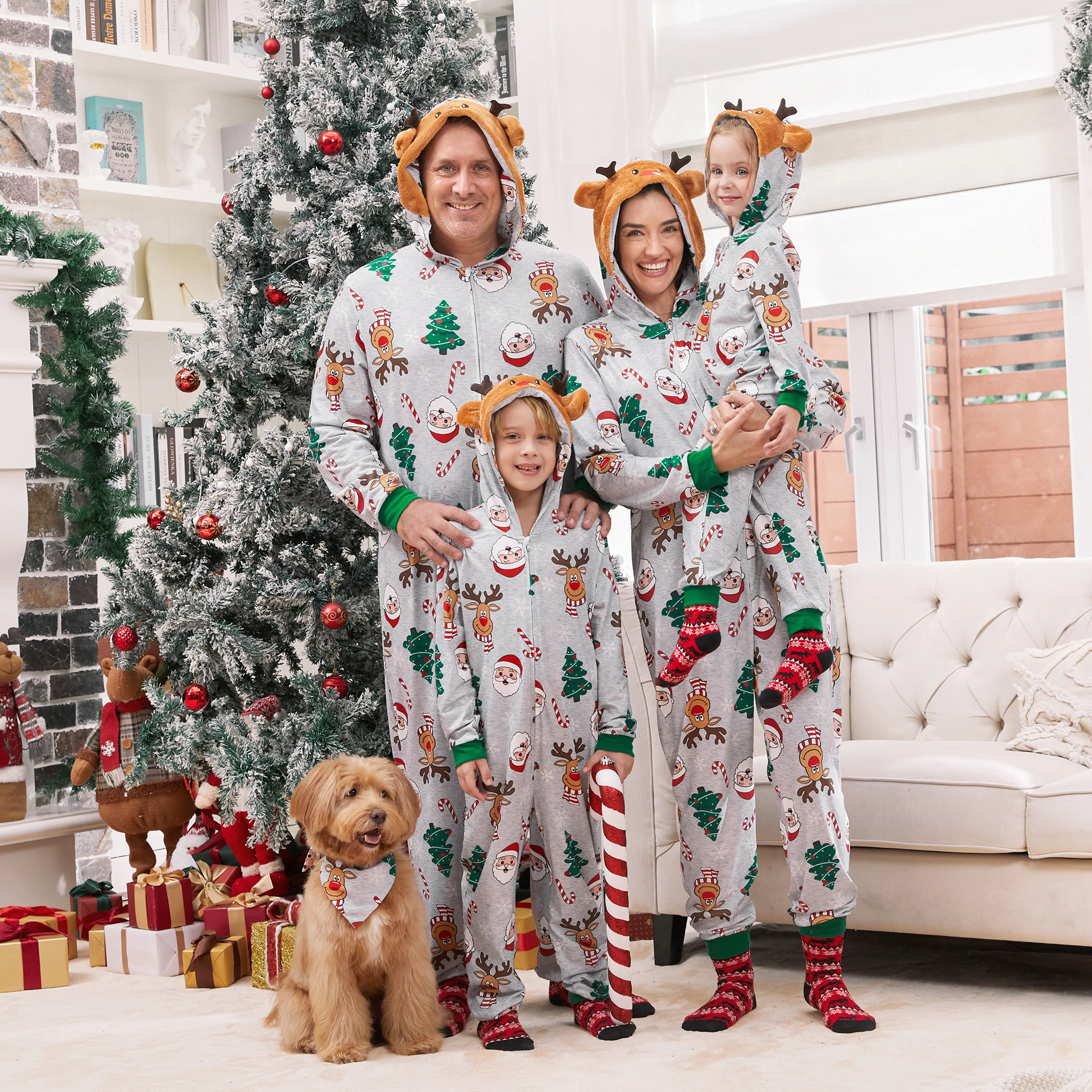 PatPat Grey Christmas Pajamas 3D Reindeer Pattern Zipper Onesies Matching Family Outfits