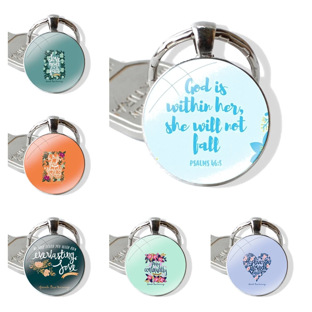 Bible Verse Psalm Keychain Handmade Glass Cabochon Key Ring Holder Pendant Key Chains