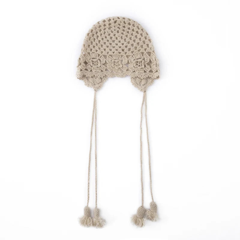 

European and American Trend 100% Cashmere Tassel Hat for Women Handmade Knitted Hat Wool Hat Spring and Autumn Hollow Cold Hat