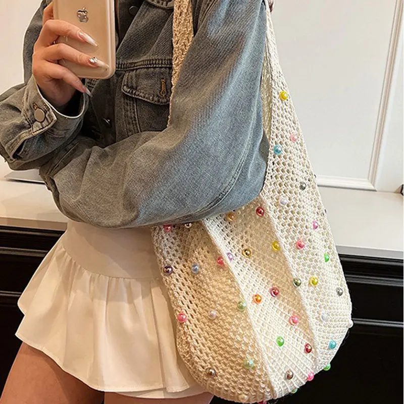 Summer Beach Travel Woven Bag Lazy Style Hollow Straw Handbag One-shoulder Seaside Holiday Portable Tote Bags