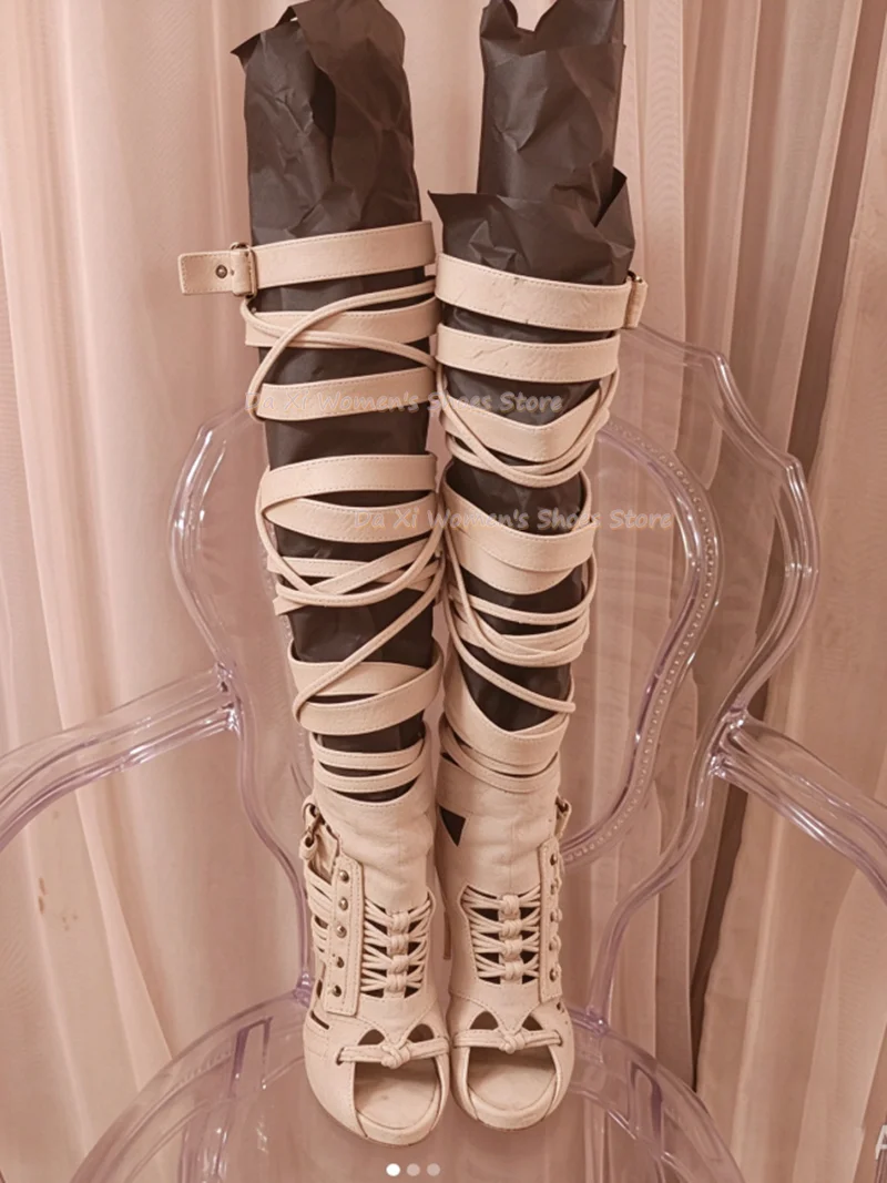 Multi-Strap Combination Clasp Design Round Head Exposed Toes Openwork Boots Runway Piece Sexy High-Heeled Sandals Gladiator