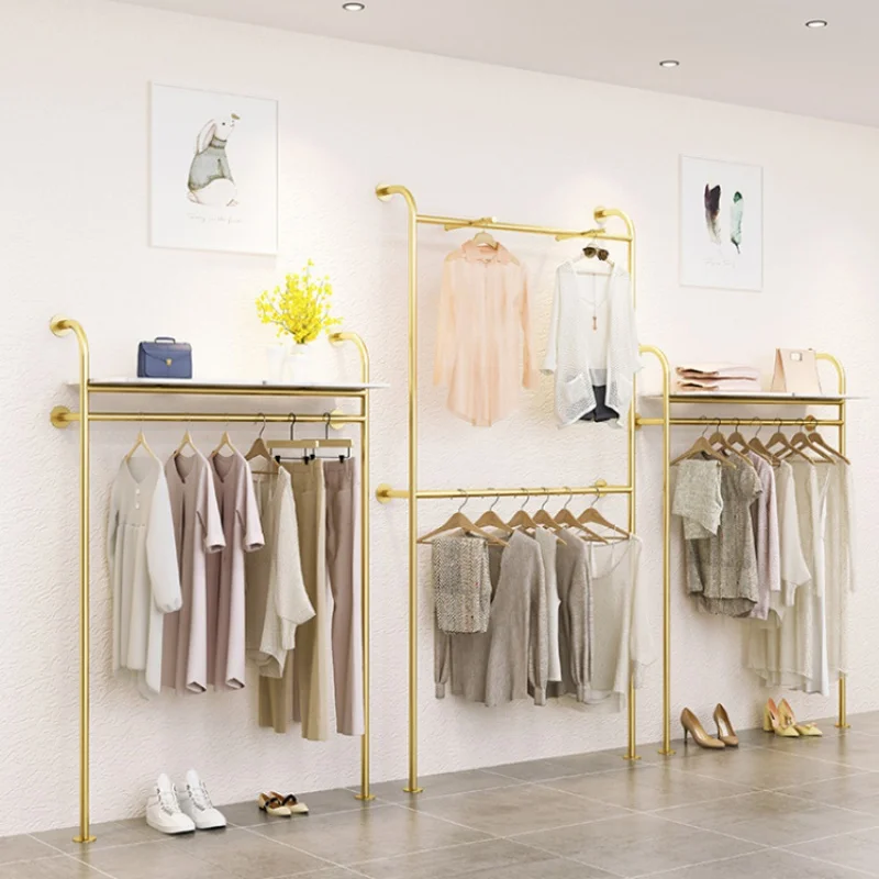 Gold Stainless Steel Metal Hanging Rack, Wall Mounted Display Racks para loja de roupas, Boutique Decoração, Custom