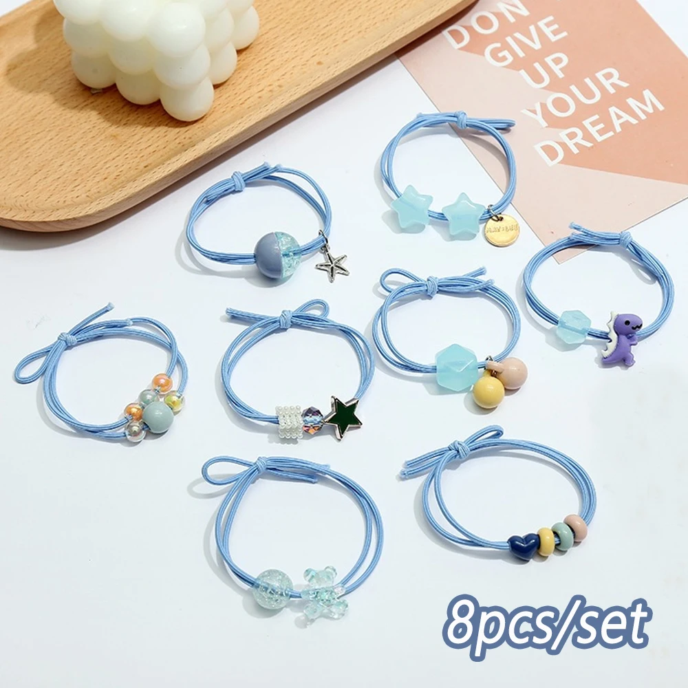 

8pcs/Set Fashion Stars Beaded Hair Rope Kids Cute Bear Dinosaur Animal Rubber Band For Child Girls Ponytail Bow Hair Ties Loop