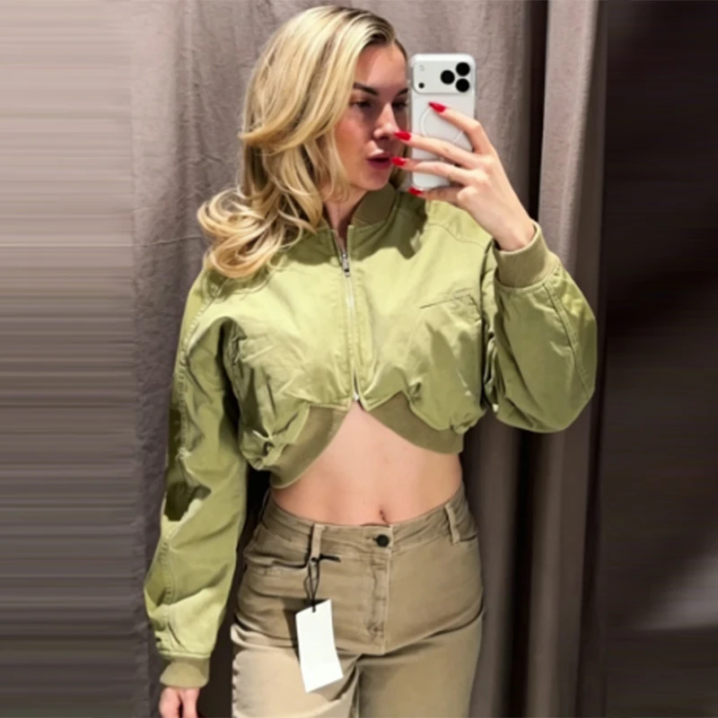 HXAO Crop Grüne Jacken Damenjacke Frühling Sommer 2026 Lässige Langarm-Reißverschluss-Collegejacke Outdoor Streetwear Mäntel – Detail 6