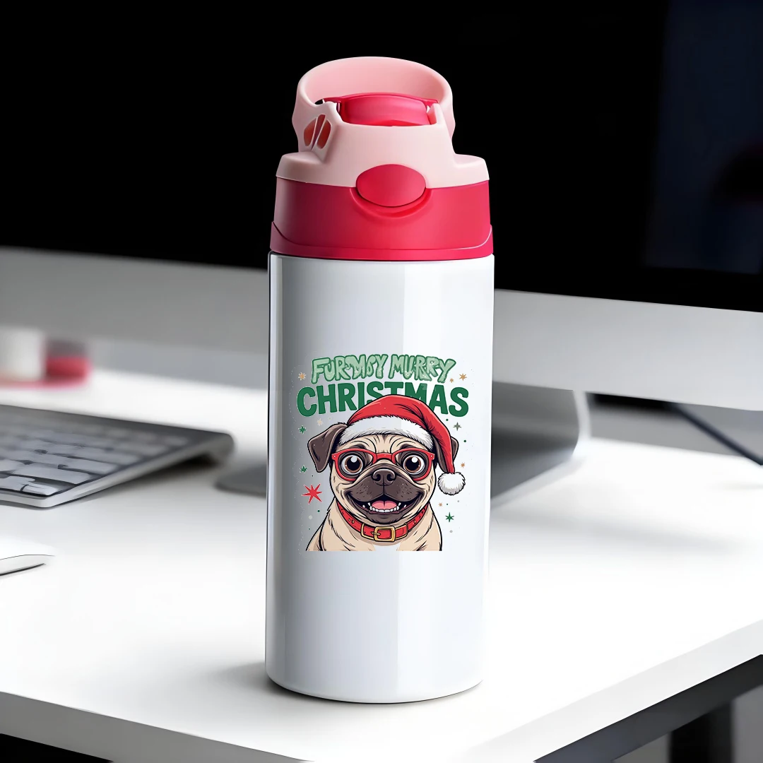 

304 stainless steel thermal cup + cartoon puppy Santa hat + straw cup kids water bottle Christmas gift set