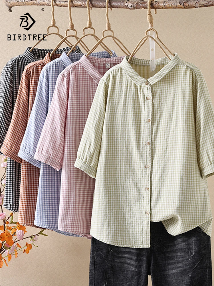 

New 2025 Summer Cotton Yarn Half Sleeve Shirt, Women Turn-down Collar Plaid, Mori Girl Retro Casual Soft Loose Blouse T55715CC