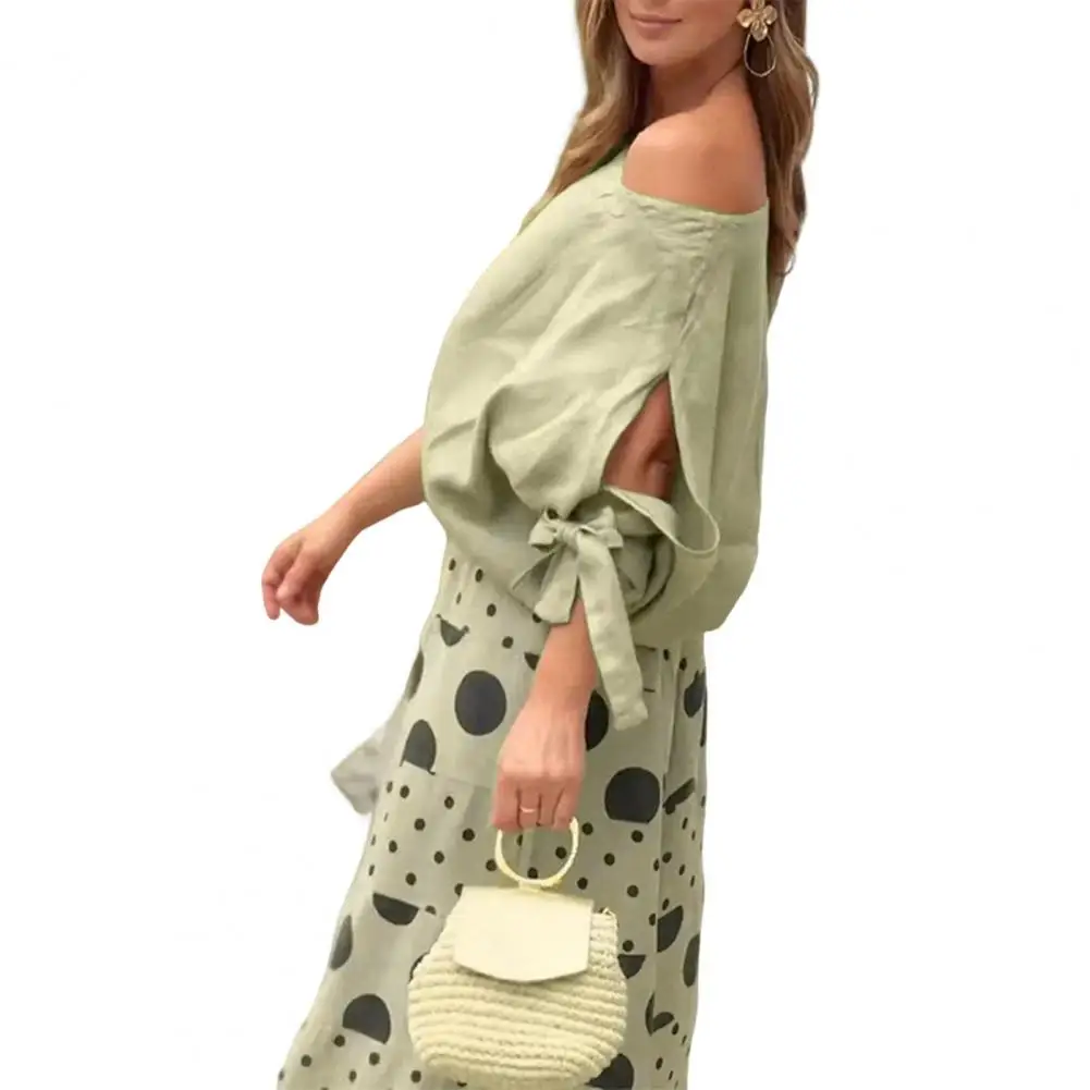 Summer Women Suit Stylish Women's T-shirt Pants Set with One Shoulder Top Bow Cuff Detail Wide Leg Trousers Casual Dating for A