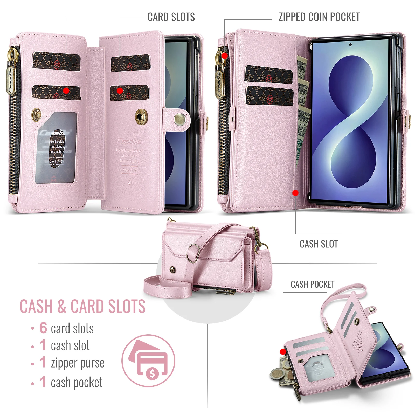 CaseMe-C36 For Samsung Galaxy Z Fold8 Wallet Case RFID Blocking PU Leather Crossbody Lanyard Card Zipper Pocket Wireless Charge