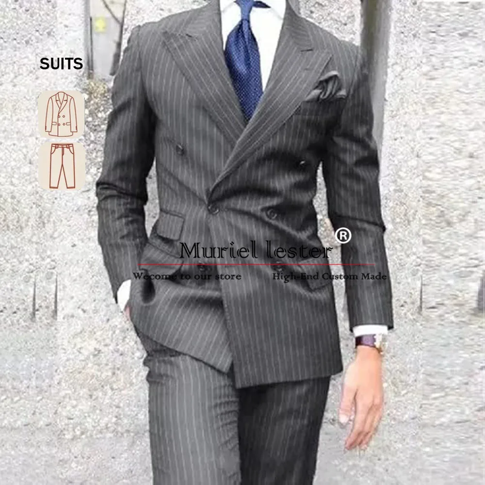 

Grey Stripe Business Suits Men Double Breasted Jacket Trousers 2 Piece Set Groom Wedding Tuxedos Tailored Male Fahion Clothing