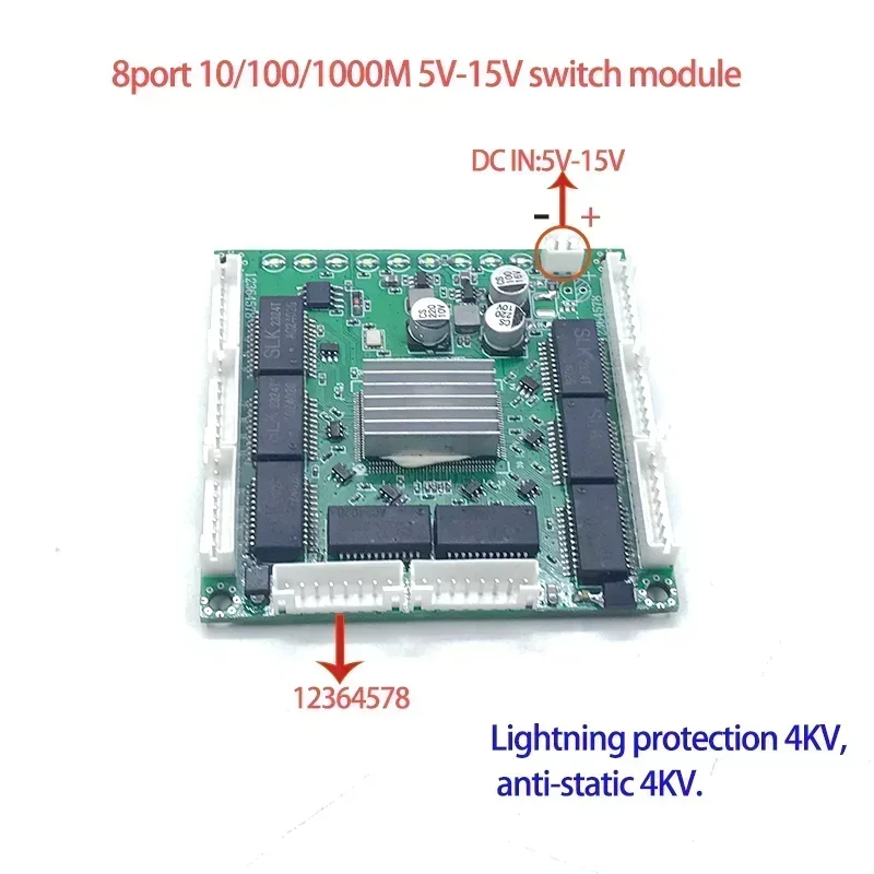 Mini PCBA 8Ports Networkmini ethernet switch module 10/100/1000Mbps 5V-15V Lightning protection 4KV, anti-static 4KV